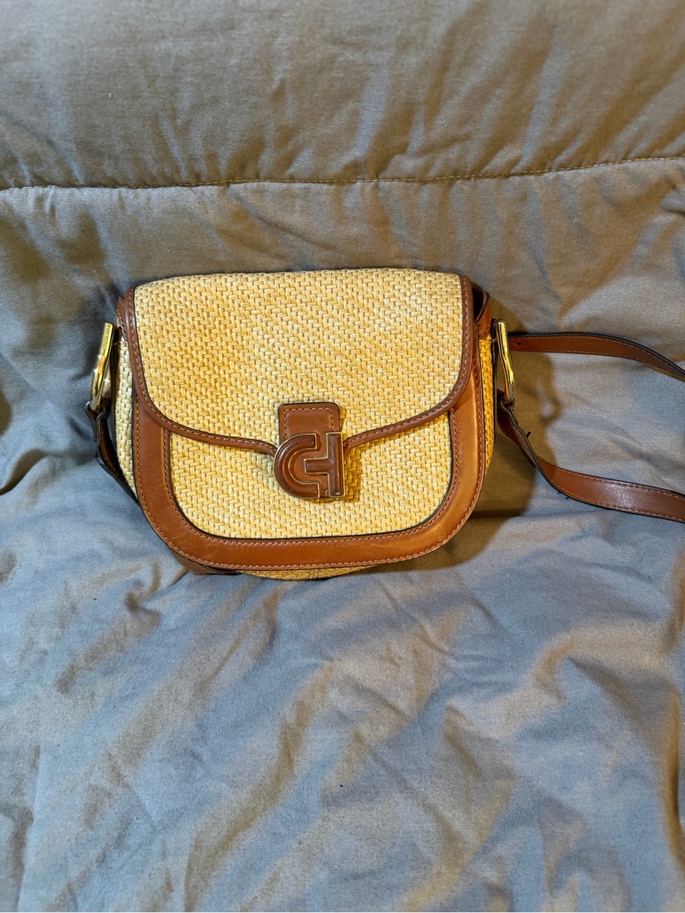 Cole Haan Natural Straw Crossbody with Brown Leather Trim